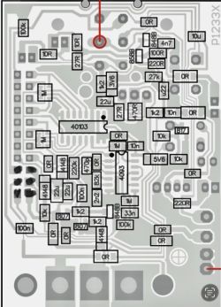 Schemat płytki z zaznaczonym punktem i oznaczeniami komponentów elektronicznych
