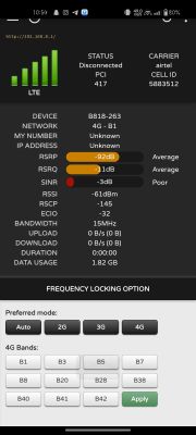 LTE Router Management Panel – Connection Status and Network Parameters Screenshot of an LTE router management panel showing connection status and network parameters.