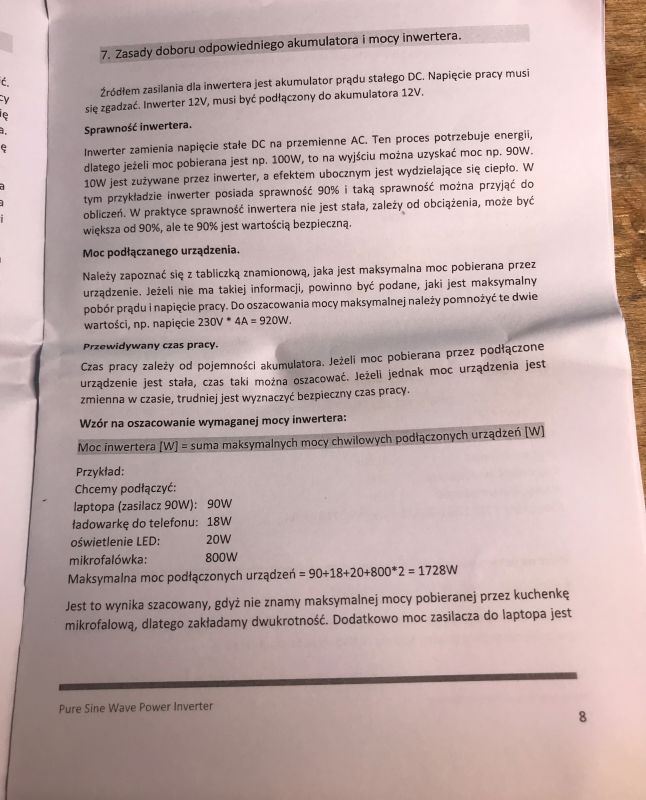 Strona instrukcji dotycząca doboru akumulatora i mocy inwertera.