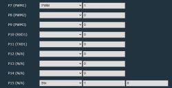 Pin configuration with their modes and values.