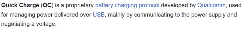 Wikipedia snippet defining Quick Charge (QC), mentioning USB power management and negotiating voltage.