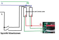 Schemat z dwoma zasilaczami 24VDC i połączeniami do modułu LED