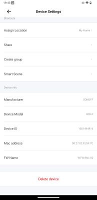 Device settings screen in the eWeLink app showing details for a SONOFF B02-F smart device.