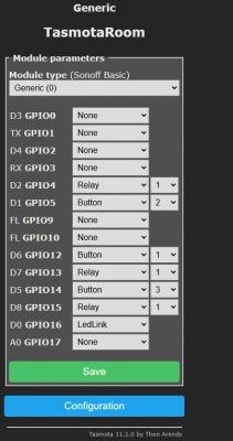 Tasmota interface with GPIO settings for a Sonoff Basic module.