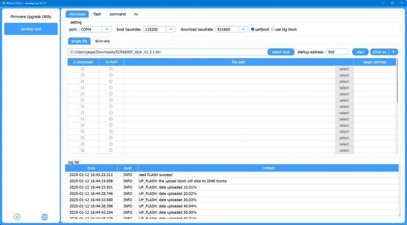 RDTool Firmware Upgrade Interface RDTool software interface with tabs for firmware upgrade and logs of the flashing process.