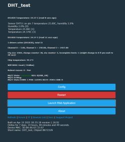 Web panel with temperature and humidity sensor readings and device status for DHT_test.