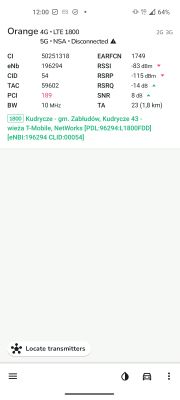 Zrzut ekranu z aplikacji NetMonster pokazujący parametry sygnału LTE 1800 MHz w sieci Orange.