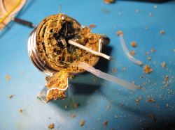 Damaged LED bulb with exposed burnt electronic components and debris.