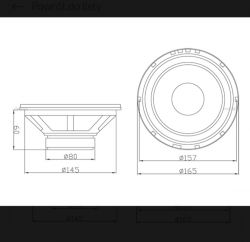 Schemat techniczny głośnika basowego z wymiarami.