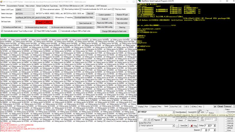 Screenshot of Easy UART Flasher and RealTerm program showing flash memory operations with a CRC error.