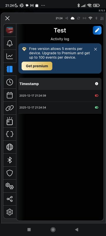 Shelly app activity log screen showing event limit warning for free version