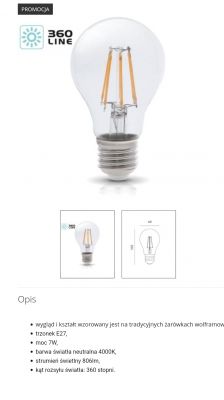 Light bulb from the 360 Line series with a traditional shape, 7W power, E27 socket, 4000K neutral color.
