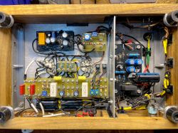 Interior of a Homemade Headphone Amplifier Interior of a headphone amplifier with electronic components.