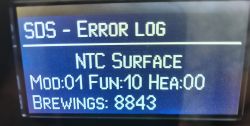 Error Message on Siemens Coffee Machine Siemens coffee machine display showing NTC Surface error message.