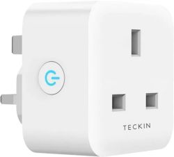 White TECKIN smart plug for a UK socket with a side power button showing a blue icon