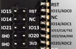 Fragment of a circuit board with IO, RST, NC, GND, and 3V3 pins with function descriptions.