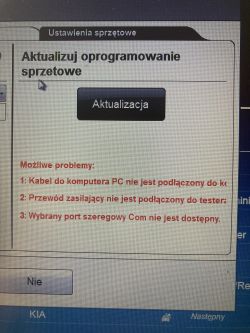 Zrzut ekranu z programu aktualizującego oprogramowanie sprzętowe z komunikatem błędu.