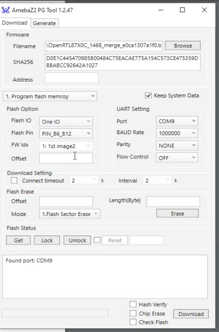 AmebaZ2 PG Tool 1.2.47 Interface User interface of the AmebaZ2 PG Tool 1.2.47 for programming.