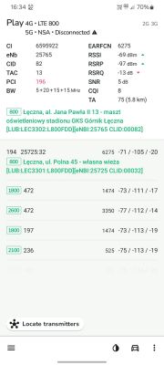 Zrzut ekranu aplikacji pokazującej parametry sygnału sieci komórkowej Play 4G LTE 800.