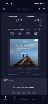 Zrzut z aplikacji Speedtest: 5G, 517 Mb/s pobieranie i 49,2 Mb/s wysyłanie, Orange.