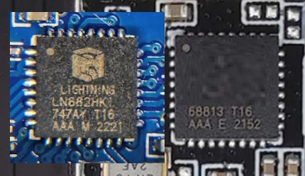 Close-up of two integrated circuits mounted on printed circuit boards, with identifying text visible on each chip.