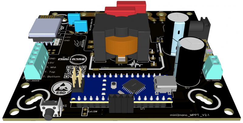 mini2nano_MPPT_V2.1 Controller Prototype View of the mini2nano_MPPT_V2.1 controller prototype with various electronic components.