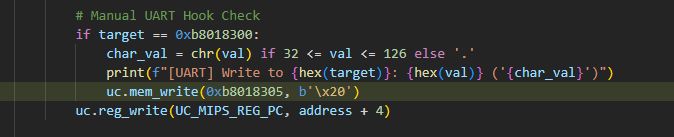 Python code fragment with UART memory write condition and status simulation