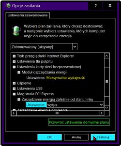 Okno „Opcje zasilania” w Windows z ustawieniami zaawansowanymi planu i zaznaczonym „Wyłącz”.