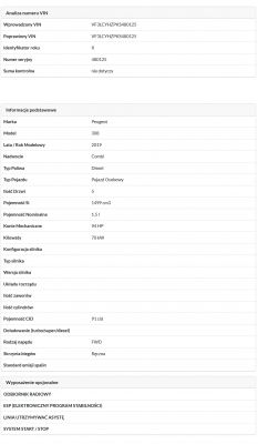 Zrzut ekranu z analizą numeru VIN samochodu i podstawowymi informacjami technicznymi.