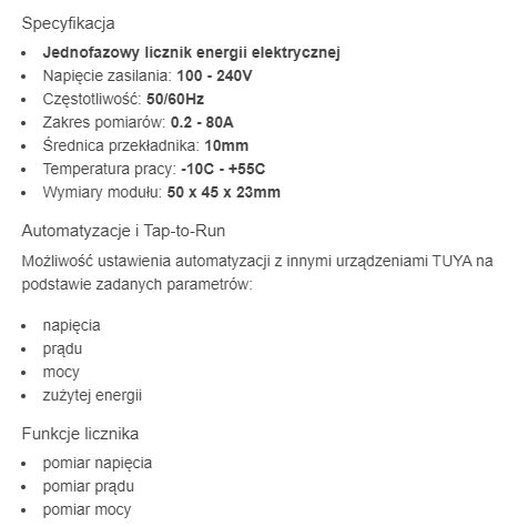 Tuya electric energy meter specifications.