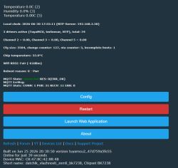 Screenshot of TuyaMCU web panel showing 0.0 temperature and 0.0% humidity with Config and Restart buttons