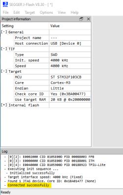 SEGGER J-Flash Connected to STM32F103CB SEGGER J-Flash V8.30 window displaying project information and log, showing successful connection to an STM32F103CB microcontroller.