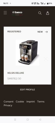 Zrzut ekranu strony Saeco z kartą ekspresu Xelsis Deluxe SM8782/30