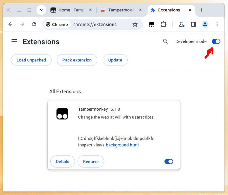 Zrzut ekranu z zakładki rozszerzeń Chrome z włączonym trybem dewelopera i zaznaczonym rozszerzeniem Tampermonkey.