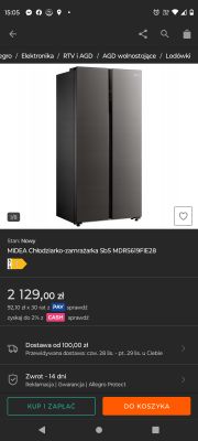 Zdjęcie lodówki Midea o ciemnym wykończeniu z otwartymi drzwiami