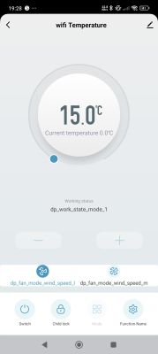 WiFi temperature control app screen set to 15.0°C