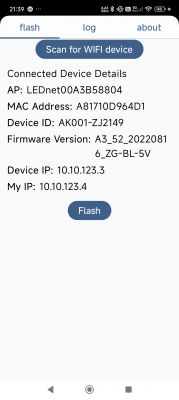 App screen showing connection details to a WiFi device.