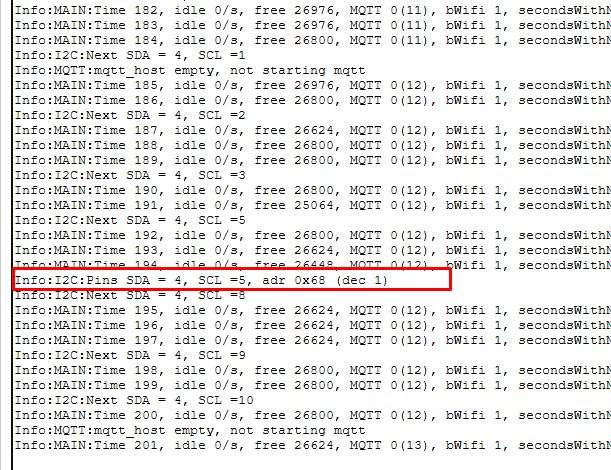 System log screenshot showing I2C pins and address 0x68 highlighted