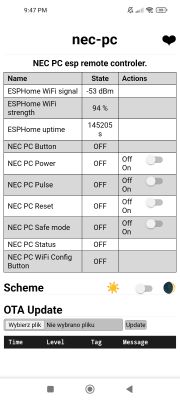 Phone screenshot of “nec-pc” ESPHome panel with status table and PC control toggles