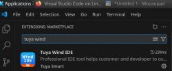 Screenshot of Visual Studio Code on Linux showing the search for the Tuya Wind IDE extension.