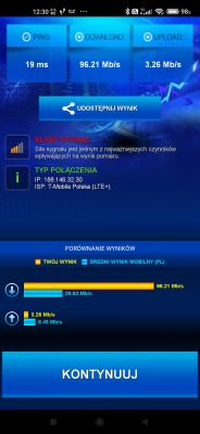Ekran aplikacji pokazujący wyniki testu prędkości Internetu z T-Mobile, z pobieraniem 96.21 Mb/s i wysyłaniem 3.26 Mb/s.