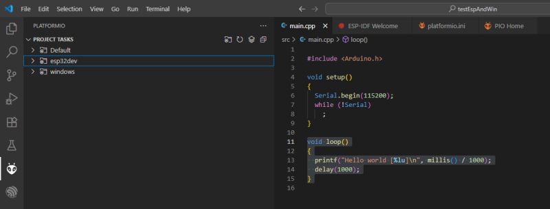 Widok edytora VS Code z otwartym projektem PlatformIO dla ESP32