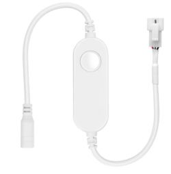 White LED controller with one large button and two connection cables.