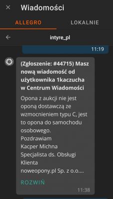 Zrzut ekranu z wiadomości na Allegro od użytkownika intyre_pl dotyczącej opony.