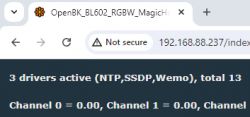 Screenshot of a browser interface showing OpenBK for BL602 with information on active drivers and channels.
