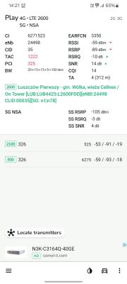 Ekran smartfona pokazujący szczegóły połączenia z BTS-em LUB4425 z sieci Play, w tym dane sygnału i częstotliwości.