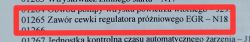 Kod błędu 01265 dotyczący zaworu cewki regulatora próżniowego EGR N18, podkreślony na ekranie.