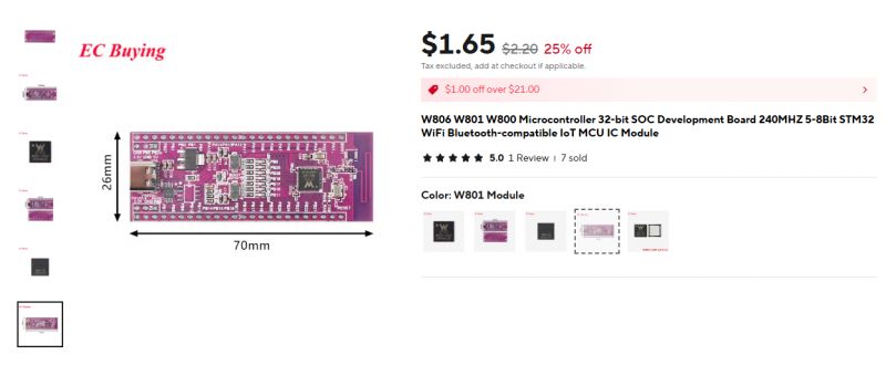 W801 Development Board on Sale W801 development board with dimensions 70mm x 26mm, priced at $1.65 with a 25% discount.