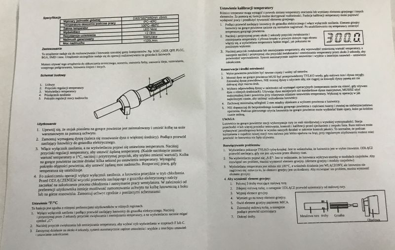 Polish-language manual for WEP 8858 hot air station with labeled diagram.