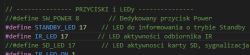 Code snippet with #define lines for buttons and LEDs, with SW_POWER commented out.